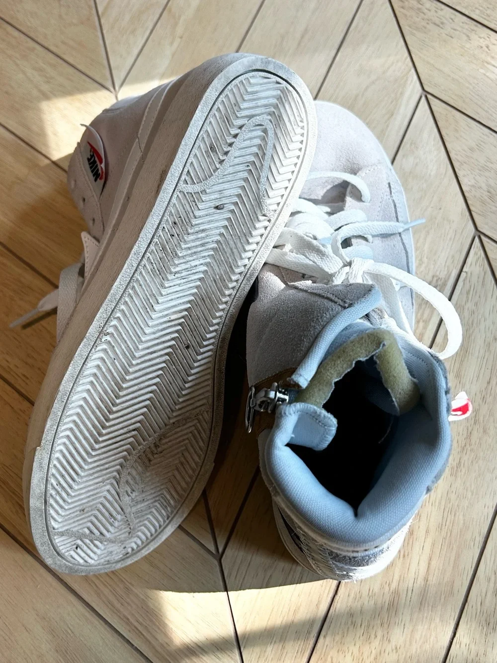 Nike Mid-Top Suede Sneakers in Light Gray with Black Swoosh and Tan Zipper